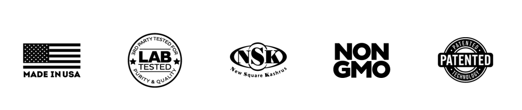 Made in USA · 3rd-party lab tested · NSK kosher · Non-GMO · Patented technology